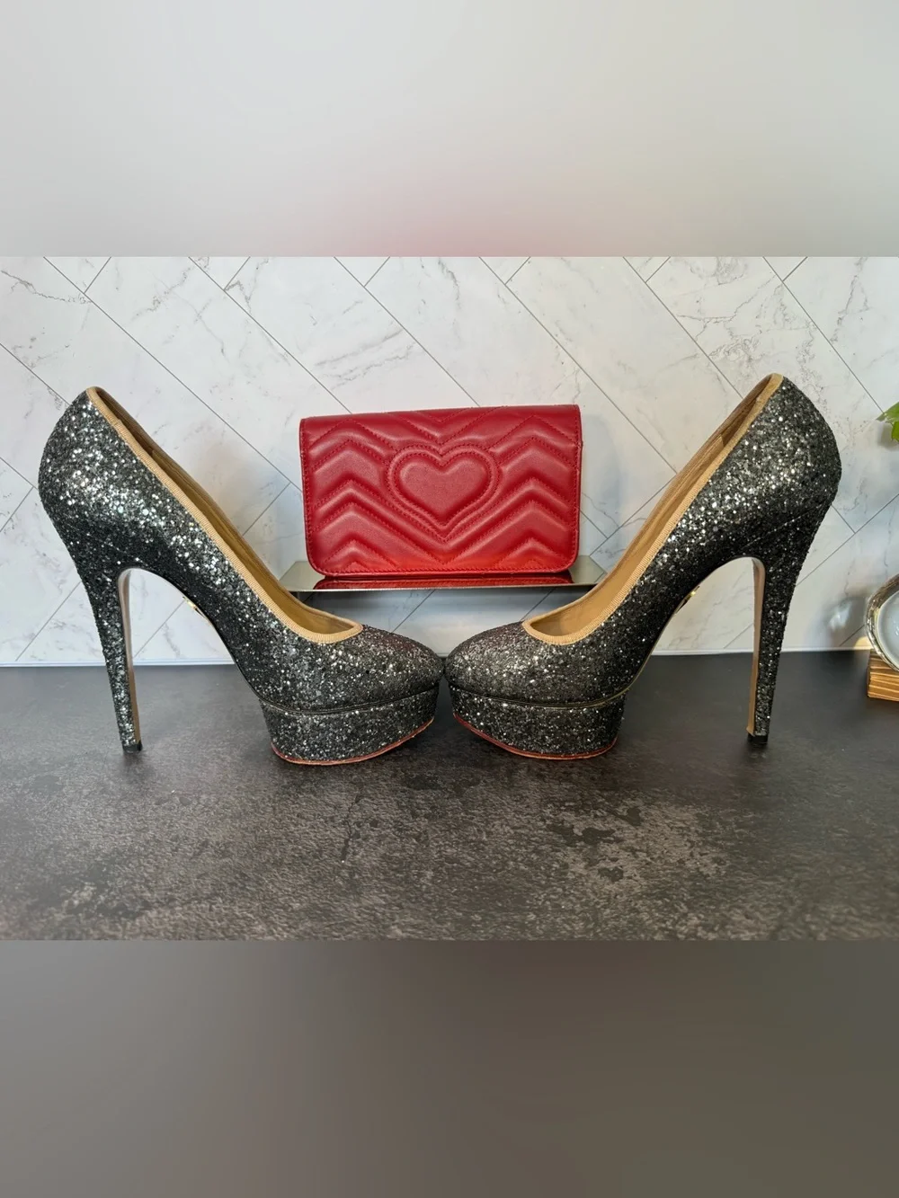 Charlotte Olympia Grey Glitter Dolly Platform Pumps Heels, Size 38